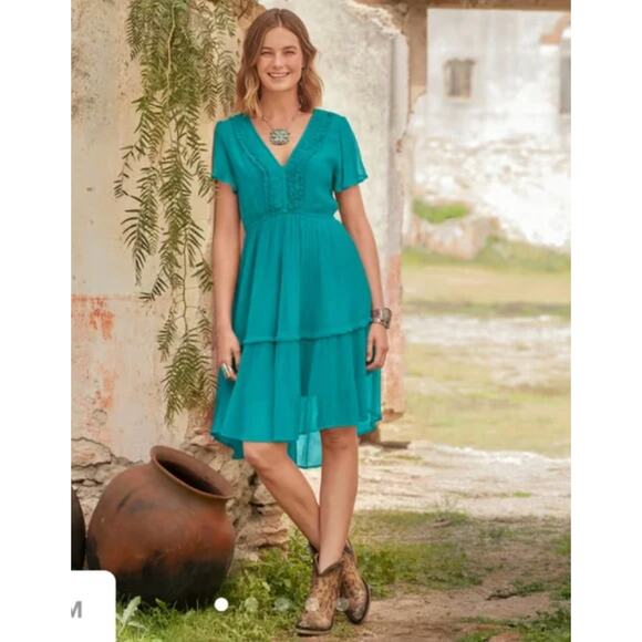 SUNDANCE CLOTHING Teal V Neck Flounce Dress // Large Petite - Picture 1 of 8